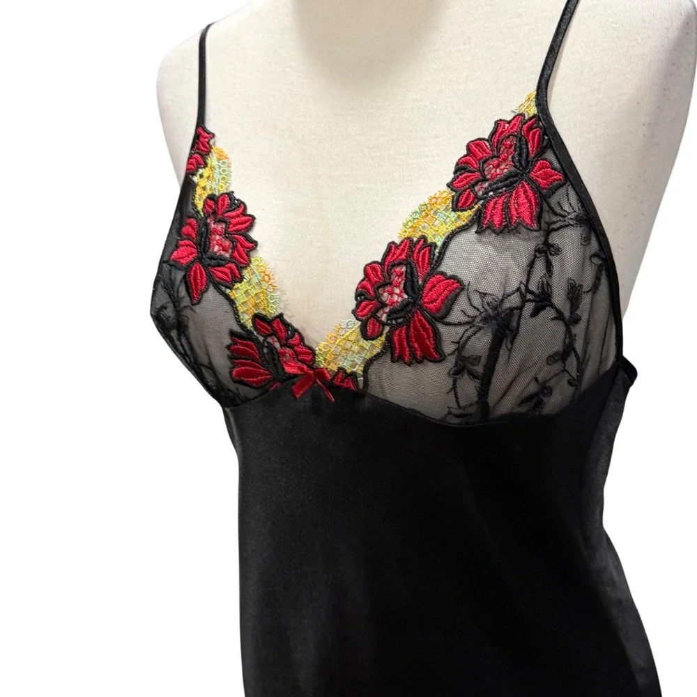 Jasmin Y2K Satin Slip Dress Small Black Red Floral Embroidery Nightwear Lingerie